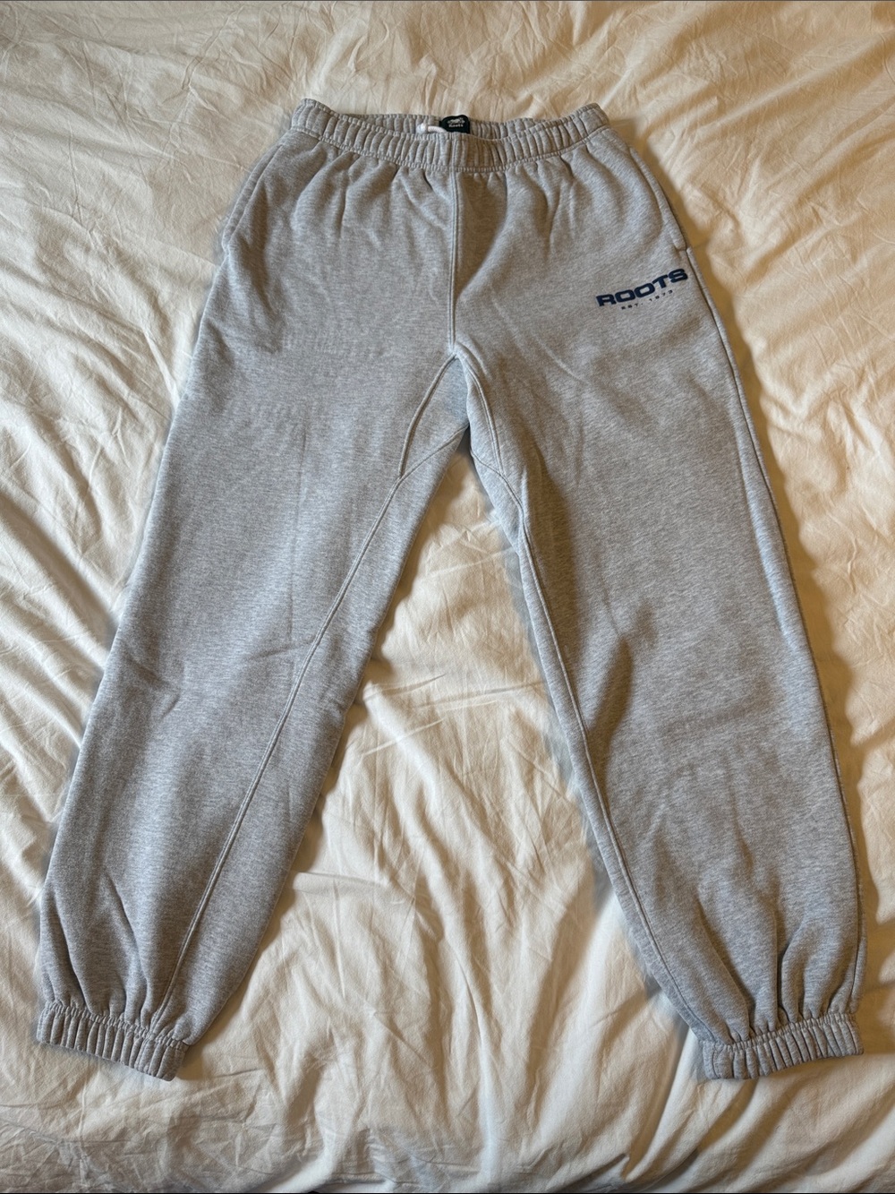 Roots Men’s Light Gray Sweatpants with Navy Logo